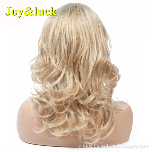 Women Wig Wholesale Prices Daily Life Party Dark Root Mid-length Black Ombre Blonde Natural Curl Middle Part Synthetic Full Wigs